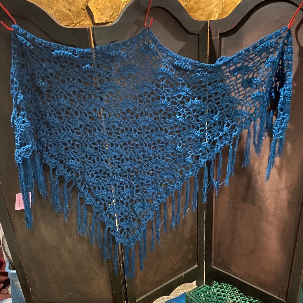 Triangle Shawl Wrap Scarf  Handmade Hand Crochet Crocheted Darker Blue